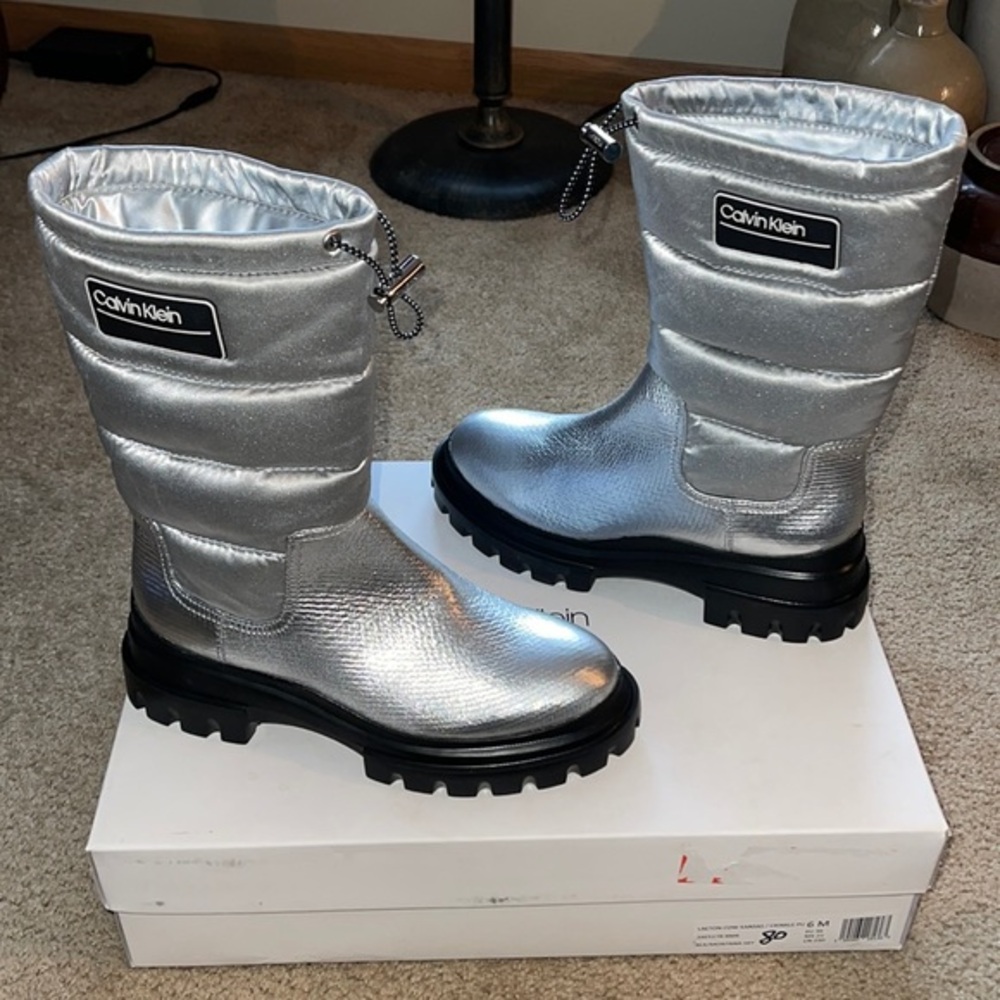 Calvin Klein Women’s Silver Puffy Bomber Boots